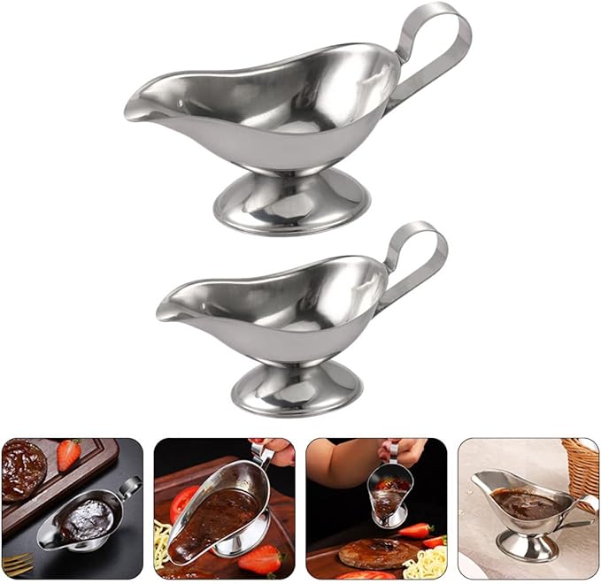 Zerodeko Stainless Steel Gravy Boat Set 4 Pcs with Lid Sauce Dispensers for Kitchen Dining Ideal for Gravy Steak Sauce Salad Dressing and Reusable Cups
