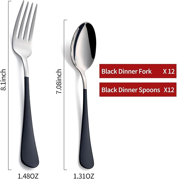 24 piece Black Forks and Spoons Silverware Set,Black Handle Silverware 18/0 Stainless Steel Flatware Bulk Forksand Spoons Dessert Forks and Table of 24