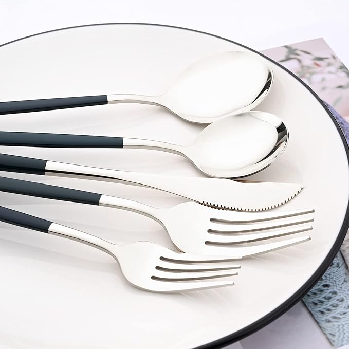 30-Piece Snplowum Mirror Flatware Serving Set, 18/0 Stainless Steel Dinnerware With Green Handle, Modern Durable Home Kitchen Eating Tableware Set Service For 6 (Green Silver)
