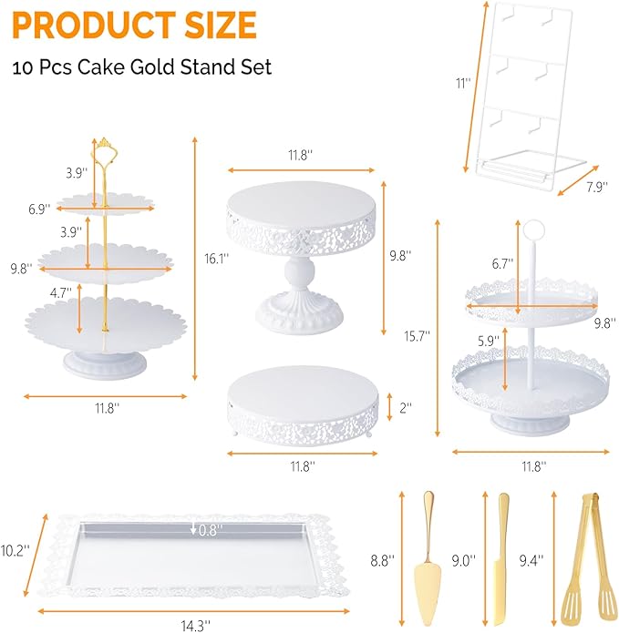 ROVSUN 12PCS Dessert Table Display Set, Metal Cake Stand Set with Donut Stand, Tiered Cupcake Holder Fruit Candy Plate with Cutting Knife Serving Tongs for Wedding, Birthday Party Baby Shower, White