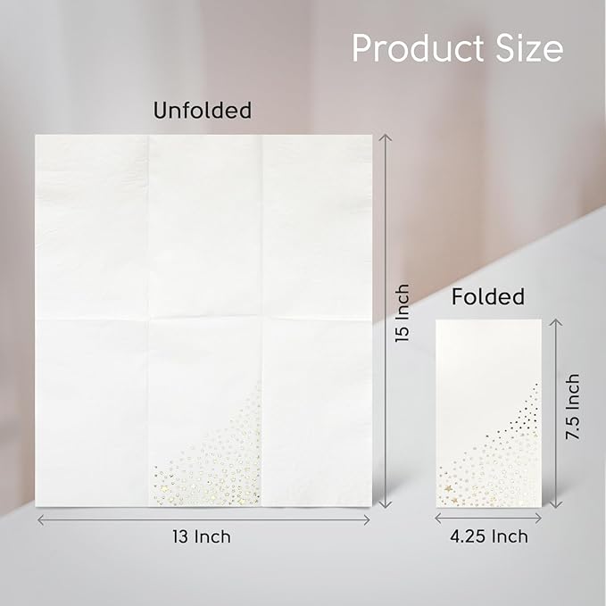 Stylish Gold Star Napkins, 100 White and Gold Dinner Napkins, Disposable 7.5 x 4.25 Inch Serviettes for Party or Wedding
