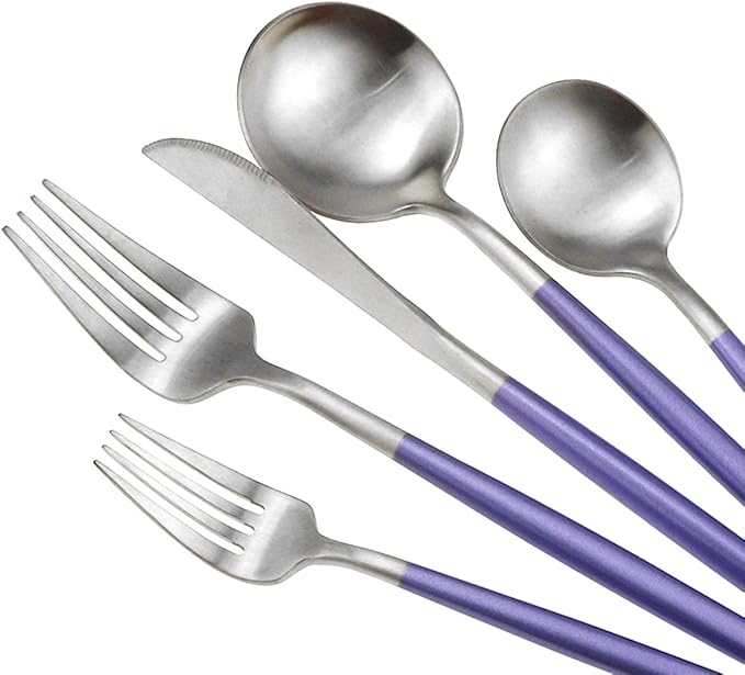 Gugrida Luxury Flatware, Royal 5 Piece Matte Purple Handle 18/10 Stainless Steel Tableware Sets for 1 Including Forks Spoons Knives, Camping Silverware Travel Utensils Set Cutlery (Purple Silver)