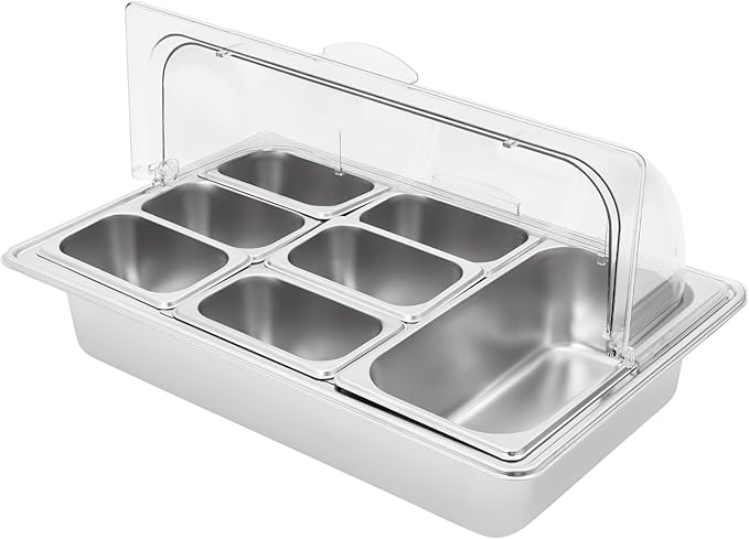 7 Compartments Food Serving Display Container, 7 Pans Countertop Ice Food Serving Display Container Stainless Steel Buffet Food Display Serving Tray with Clear Roll Top Cover Serving Dish