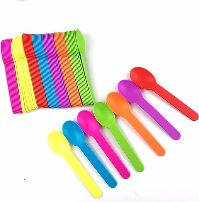 50PC Reusable Heavyweight Plastic Spoons,Mixed Colors Durable Dessert Spoons for Frozen Yogurt, Ice Cream, and Snacks More