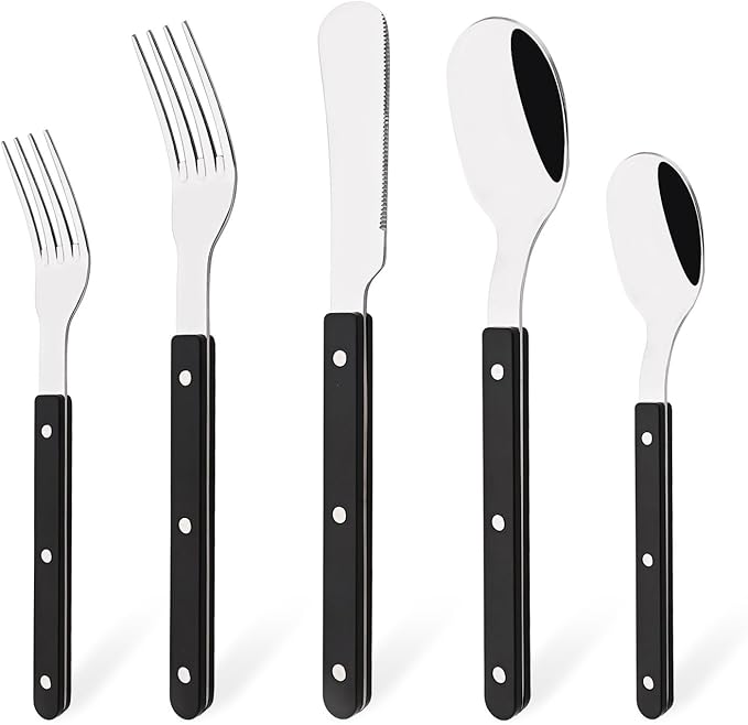 5 PCS Stainless Steel Flatware Set for 1, Silverware Set with Colored Handles, Retro Style Forks Spoons and Knives Set, Vintage Eating Utensils, Black Acrylic Handle with Rivets Design