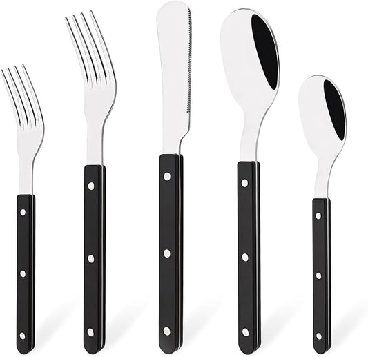 5 PCS Stainless Steel Flatware Set for 1, Silverware Set with Colored Handles, Retro Style Forks Spoons and Knives Set, Vintage Eating Utensils, Black Acrylic Handle with Rivets Design