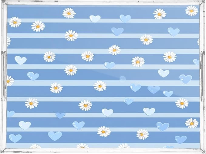 Serving Tray with Handles Clear Acrylic Tray 12x16 Inch Decorative Rectangular Tray Organizer for Ottoman Coffee Table Bathroom Blue Striped Hearts and Daisy