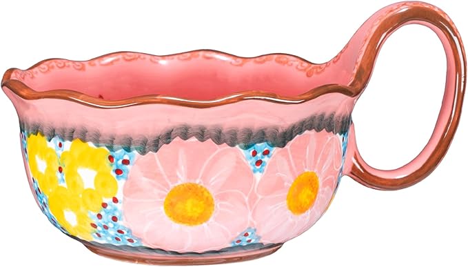 silesia Handmade Ceramic Soup Bowl, 30 oz Hand Painted Bowl with Loop Handle, Floral Design Cereal Bowl for Soup, Ice cream, Snack, Microwave & Dishwasher Safe (Glazed Pink)