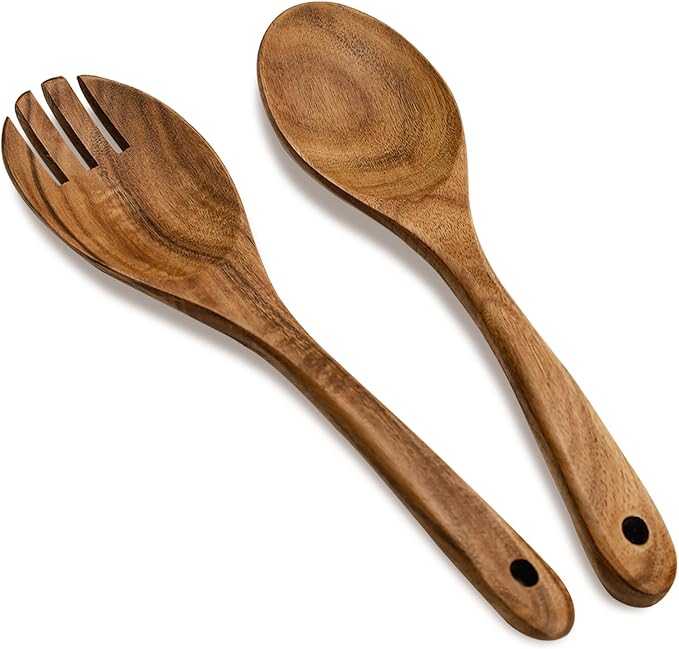 2 Pieces Long Handle Wooden Salad Servers Utensils, Acacia Wooden Serving Spoons & Fork, 10.2''/26 CM Salad Servers Set Tongs for Mixing Tossing Fruit Cooking Kitchen