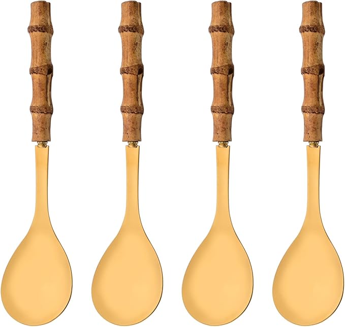 Buffet Serving Spoons Set of 4-10 inch Large Size Stainless Steel Salad Spoons - Natural Bamboo Handle Design - Serving Utensils for Home, Kitchen, Restaurant, Party (Gold)