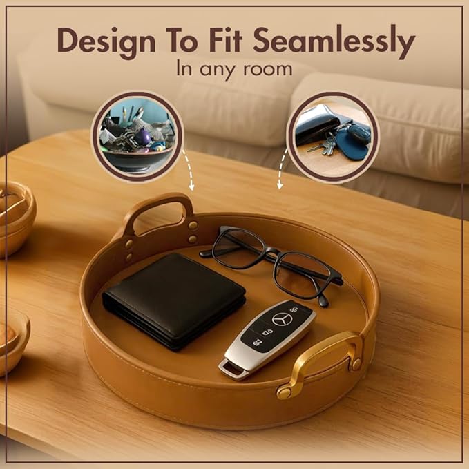 Stitched Round Leather Tray with Brass Handle Ideal for Serving Coffee Drinks Ottoman Tray for Office Home Kitchen Snack Counter Centerpiece Storage (Light Brown (14" x 14"))