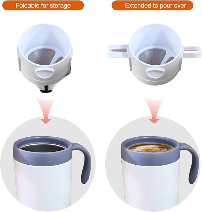 Irishom Portable Coffee Maker Stainless Steel Vacuum Insulated Travel Coffee Dripper Set Double Mesh Filter Foldable Design for Camping Office Backpacking (White)