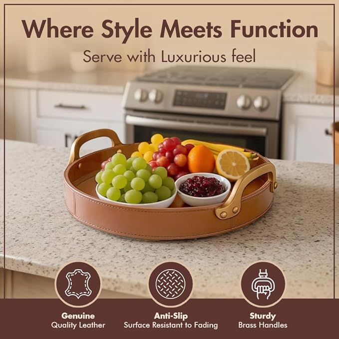 Stitched Round Leather Tray with Brass Handle Ideal for Serving Coffee Drinks Ottoman Tray for Office Home Kitchen Snack Counter Centerpiece Storage (Light Brown (14" x 14"))