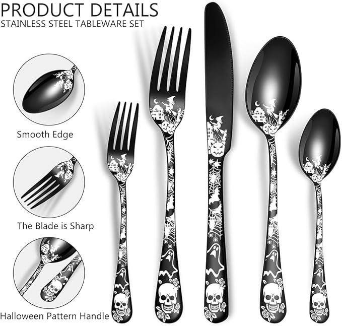 XIAOYU 40-Piece Halloween Themed Skeleton Silverware Set, Metal Flatware Set Serving for 8, Gothic Unique Skeleton Pattern Design, Durable Cutlery Set for Halloween Easter Christmas, Silver