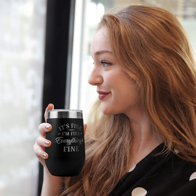 PlaqueMaker It's Fine Travel Stemless Wine Tumbler - 16-oz, Available in Black, Lilac, Teal, White, Blue, Red, Pink or Navy