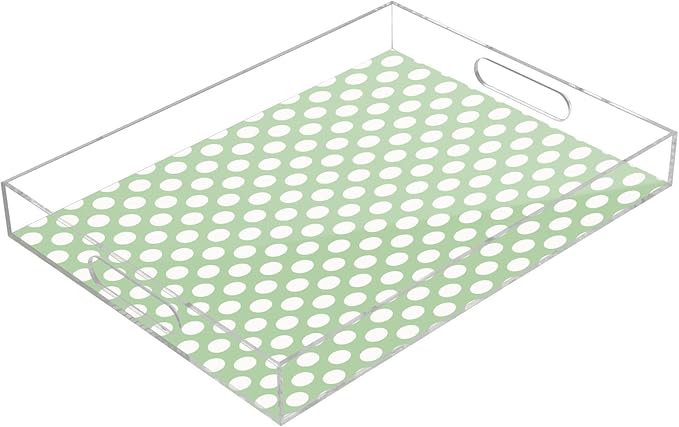 Serving Tray with Handles Clear Acrylic Tray 12x16 Inch Decorative Rectangular Tray Organizer for Ottoman Coffee Table Bathroom Polka Dots Green