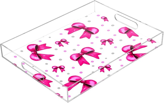 Spill Proof Acrylic Serving Tray, Countertop Organizer 16x12 Inch with Handles for Breakfast, Living Rooms, Coffee, Juice, Kitchen and Desk, (Rosy Bows and Silver Polka Dots)
