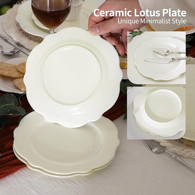 7.5 Inch Ceramic Dessert Plates Set of 12, White Leave Wave Rim Porcelain Appetizer Plate, Small Dinner Serving Plates for Cake, Salad, Side Dishes, Snacks, Oven and Dishwasher Safe