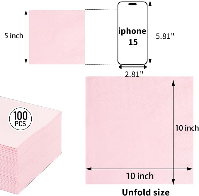 FLOWERCAT 100-Count 2-Ply Pink Cocktail Napkins - Beverage Napkins Disposable Premium Quality - 5" x 5" Pink Paper Napkins for Birthday Party & Valentine's Day,Bar,Weddings
