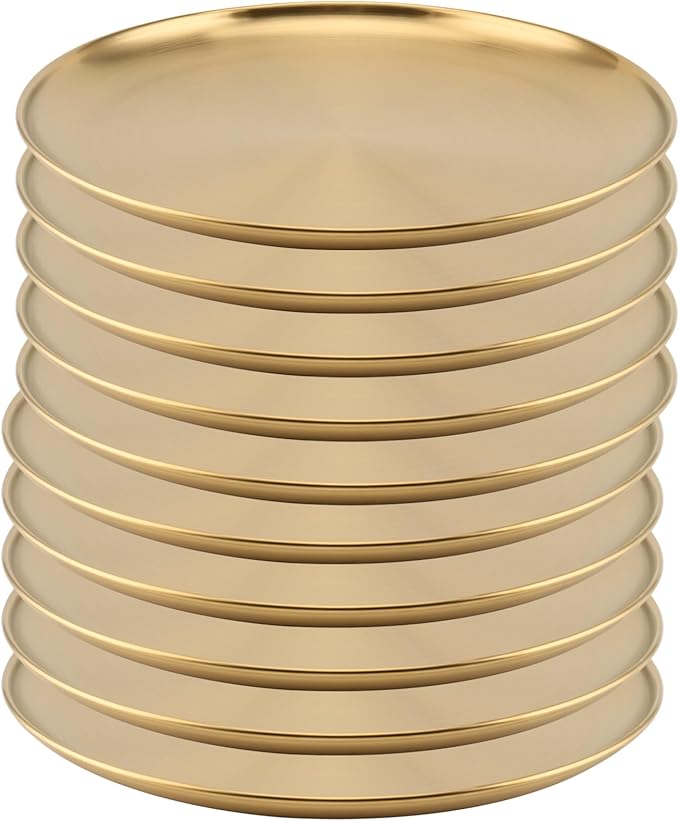 MOUYAT 10 PCS 8 Inch Large Stainless Steel Plate, 20cm Round Dinner Metal Plates, Metal Salad Steak Plates Reusable Dinner Dish for Eating Serving Camping Outdoor BBQ Home Kitchen, Frosted Gold
