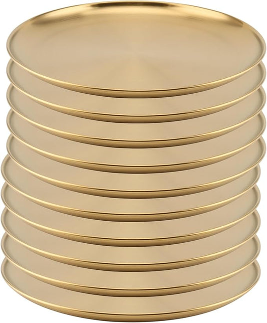 MOUYAT 10 PCS 8 Inch Large Stainless Steel Plate, 20cm Round Dinner Metal Plates, Metal Salad Steak Plates Reusable Dinner Dish for Eating Serving Camping Outdoor BBQ Home Kitchen, Frosted Gold