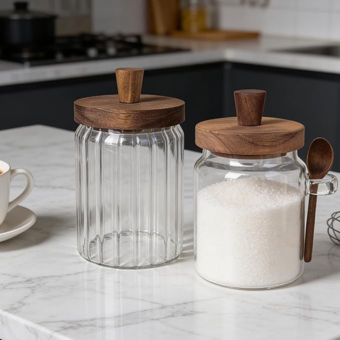 Sugar Bowl with Lid and Spoon,20 oz Sugar Container for Coffee Bar, Glass Coffee Canister, Airtight Food Storage Jar, Brown Sugar Container, Cereal Tea Salts Spice Jar（Stripe）