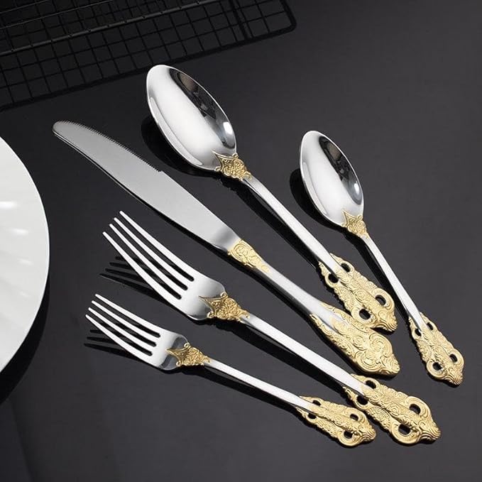 Royal 30-Piece Flatware Set, 304 Stainless Steel Silverware with Gold Accents, Service for 6, Mirror Polished, Dishwasher Safe