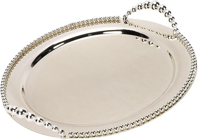 Round Metal Serving Tray with Handles 31.5cm, Silver Stackable Platter for Fruits Desserts Snacks, Indoor Outdoor Use for Kitchen Living Room BBQ Party Decor