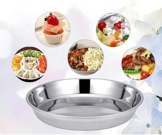 Stainless Steel Round Cake Plate, Rust-Proof Flat Serving Tray for Desserts and Pastries, Silver Non-Tip Baking Dish(30cm)
