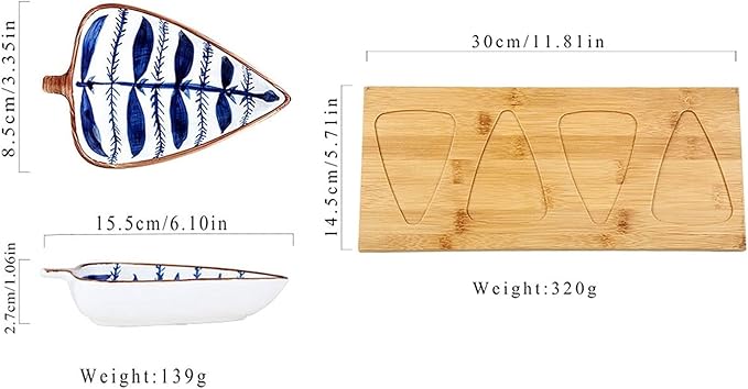 Sauce Dish Japanese Style Leaf Shape Ceramic Sauce Dishes 3.35 Inch Condiments Dish Dipping Plates Soy Sauce Vinegar Appetizer Dishes or Seasoning（with Tray） Dipping Bowls (A)