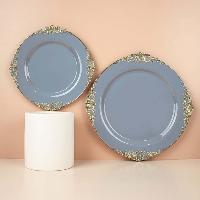 10" Dinner Plates -Set of 10 - Plastic Dusty Blue Round Baroque Disposable Chargers Leaf Embossed Rim, Ideal for Dinner Party Wedding Bulk Events