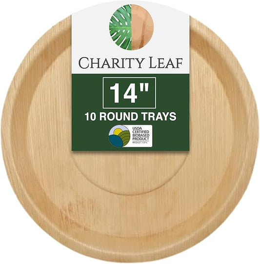 Charity Leaf Disposable Palm Leaf 14" Round Trays (10 pieces) Bamboo Like Serving Platters, Disposable Boards, Eco-Friendly Dinnerware For Weddings, Catering, Events