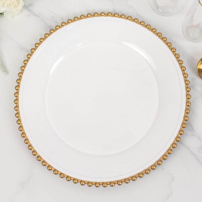 Efavormart 6 Pack White Gold Acrylic Plastic Beaded Rim Charger Plates - 13"
