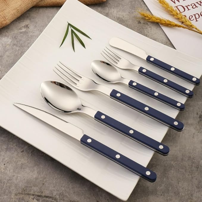 ABS Rivet Handle Marble Pattern Handle Kitchen Stainless Steel Silverware Tableware Flatware Cutlery Knives Forks Spoons Set,Butter Knife Dessert Spoon Fork (6-piece set -4 set,Blue)