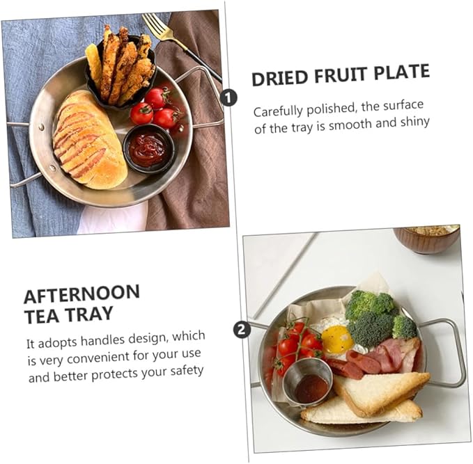 Garneck Stainless Steel Snack Plate with Double Handles Decorative Serving Tray for Parties Microwave-safe Anti-scalding for Desserts Salads and Afternoon Tea