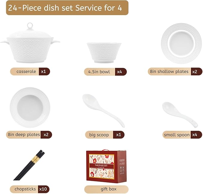 White Dinnerware Sets for 8 Dinner Plates 24 31 38 46 62pcs Plates And Bowls Sets Simple Style Dishware Sets Kitchen Dishes Set Dinner Set for Family Gatherings Dishwasher&Microwave Safe(24pcs)