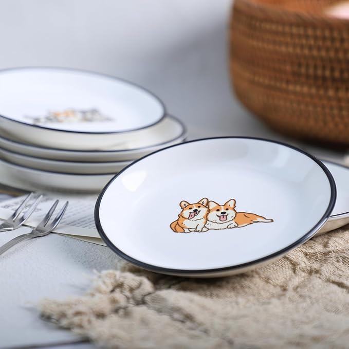 Cute Cartoon Animals Pattern Ceramic Sauce Dishes, Seasoning Dishes, Sushi Soy Dipping Bowls, Appetizer Plates, Dessert Plates, Little Cat Bird Feeding Bowls, Set of 6-Corgi-A-5 Inch