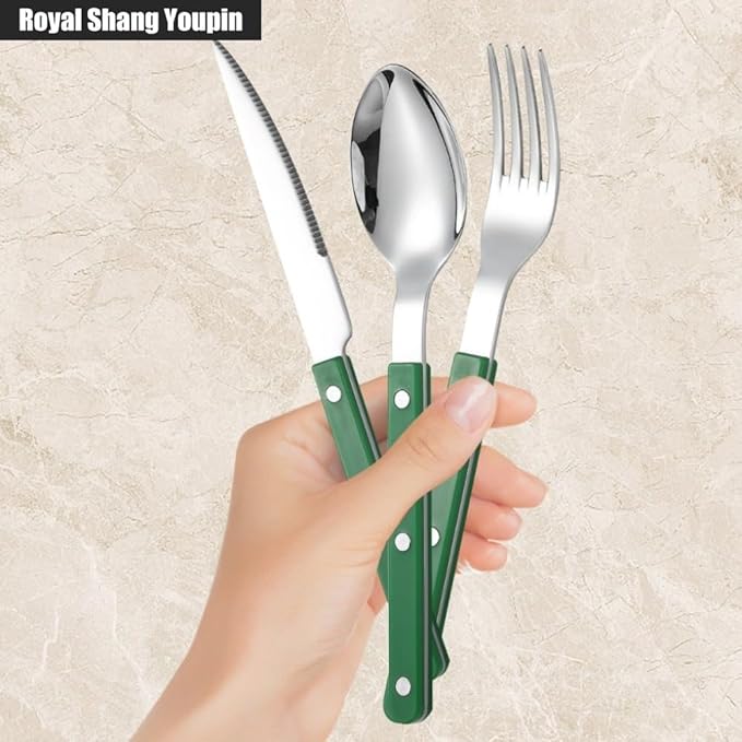 Rivet ABS Clamp Handle Kitchen Stainless Steel Silverware Tableware Flatware Cutlery Set Steak Knife Fork Spoon Teaspoon Western Tableware Butter Knife Set (Green,4 pieces)