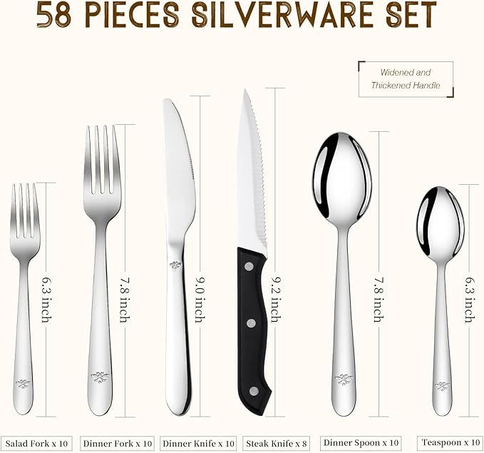 58-Piece Silverware Set Service for 10 - Stainless Steel Flatware Cutlery Set - Knives Forks and Spoons Utensil Sets for Home Kitchen Restaurant Hotel, Mirror Polished, Dishwasher Safe
