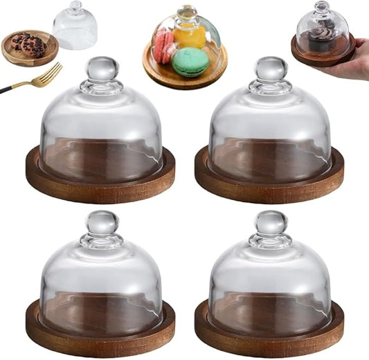 Charcuterie Snow Globes, Glass Cake Stand with Dome, Wood Cake Stands with Lid, Mini Clear Glass Display Candy Domes, Snow Globe Container for Cheese Snacks and Holiday Table Decor(Retro*4)