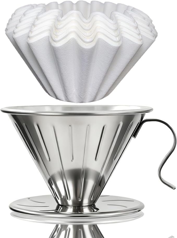 AGOGO Portable Pour Over Coffee Maker V60 Set - Easy Cleaning Compact 304 Stainless Steel Dripper for Camping & 50 Filters Paper & Cleaning Rag Silvery V60
