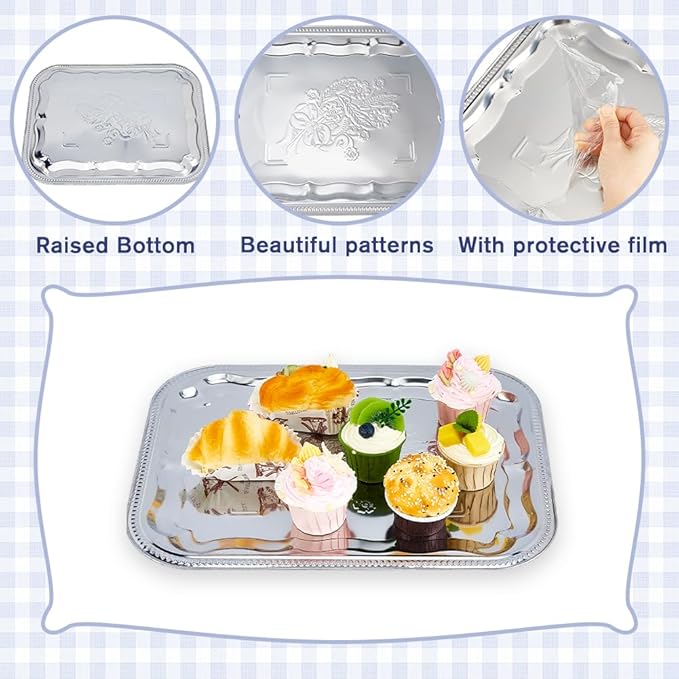 DICOSMETIC 5Pcs Large Silver Serving Trays Set 16.14x12.2x0.39 Inch Stainless Steel BBQ Grill Trays Rectangle Flower Engraved Tray Metal Serving Platter for Food Cookies Desserts Table Party Home