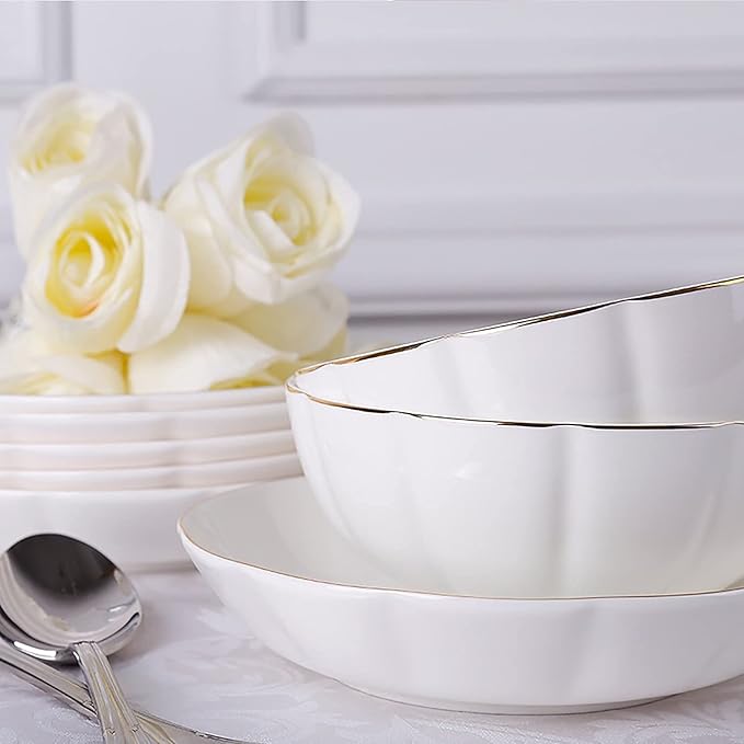 56 Pieces Dinnerware Set for 12 People, Porcelain Bone China Kitchen Dinning White Round Dinner Tableware Combination Set with Cereal Bowls Dessert Plates Dishes and Soup Pot,
