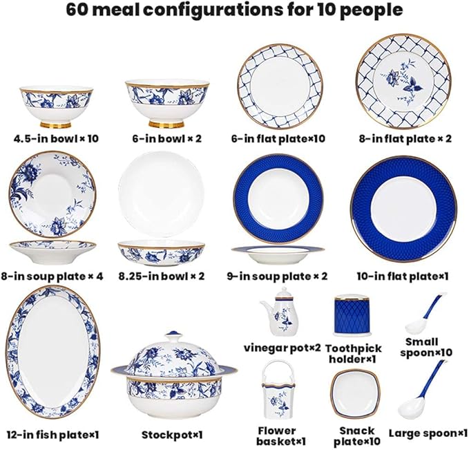Porcelain Dinner Set Home Tableware Set Ceramics Dinner Sets, 60 Pieces Upscale Bone China Dinnerware Set Plate/Bowl/Soup Pot - Blue and White Porcelain Combination Set for Family