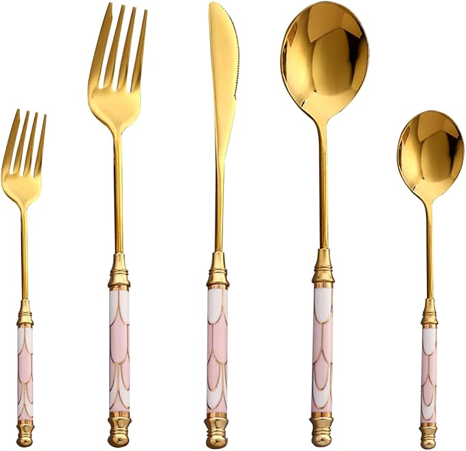 40-piece luxury gold flatware set for 8, 18/8 stainless steel silverware set, cutlery set with ceramic handle，forks and spoons for family wedding party，dishwasher safe