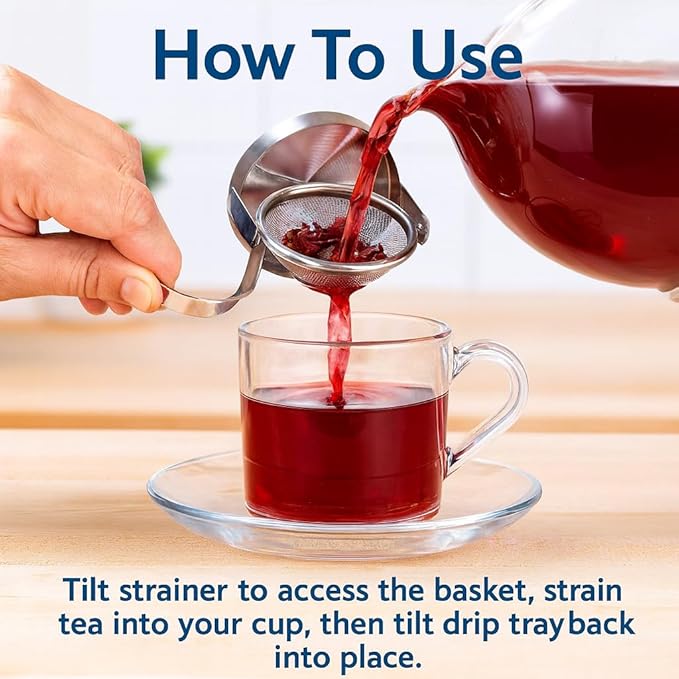 HIC Kitchen Tip Tea Strainer, 18/8 Stainless Steel, Loose Leaf Tea Filter With Drip Tray, Mess-Free Tea Serving, Set of 2