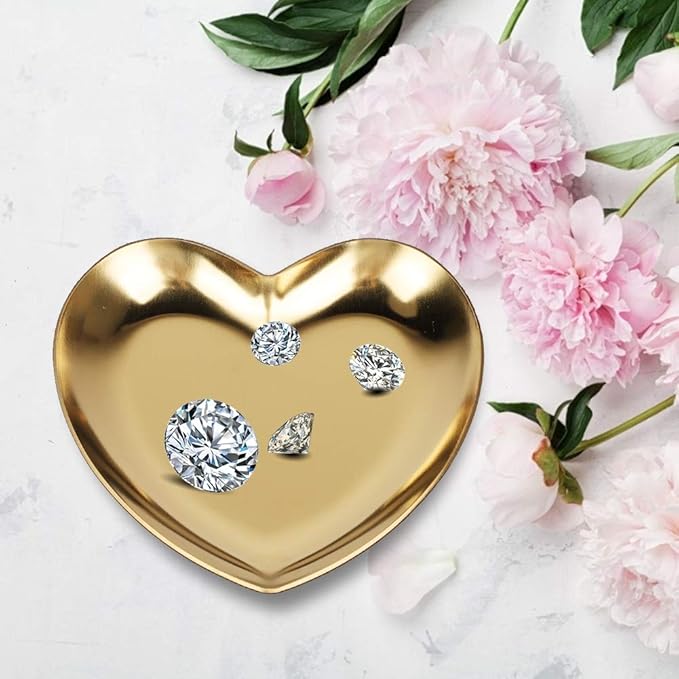 Stainless Steel Jewelry Tray, Heart Shaped Trinket Dish for Rings Earrings Necklaces Bracelet Watch Keys, Plate Tea Tray Fruit Tray Cosmetics Jewelry Organizer Box(Gold)