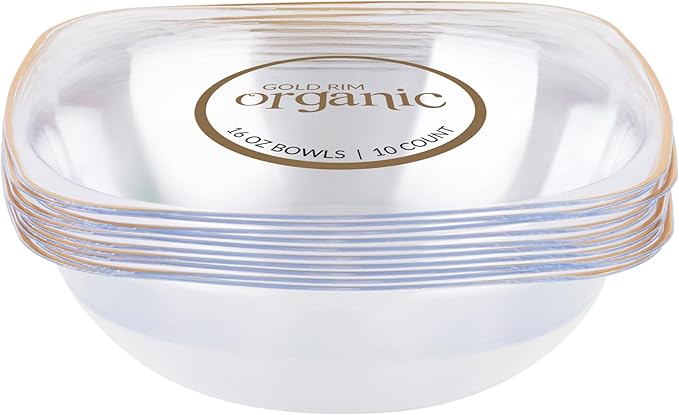 PLASTICPRO Clear Plastic Organic Party Square Soup bowls Clear With Gold Rim Elegant Disposable Tableware Dishes 16 OZ 32 Count