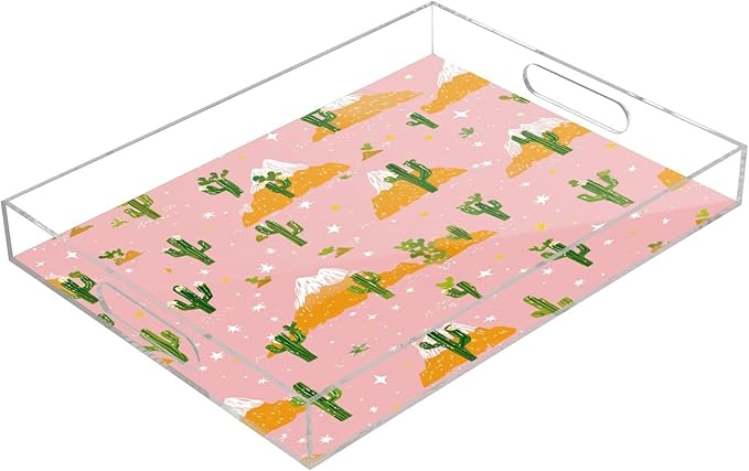 Serving Tray with Handles Clear Acrylic Tray 12x16 Inch Decorative Rectangular Tray Organizer for Ottoman Coffee Table Bathroom Pink Cacti Mountains and Stars
