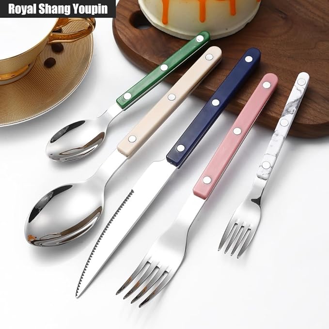 Rivet ABS Clamp Handle Kitchen Stainless Steel Silverware Tableware Flatware Cutlery Set Steak Knife Fork Spoon Teaspoon Western Tableware Butter Knife Set (Blue,20 pieces)